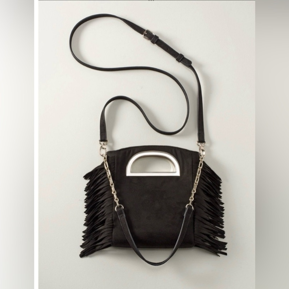White house black market cross body black fringed vegan suede handbag